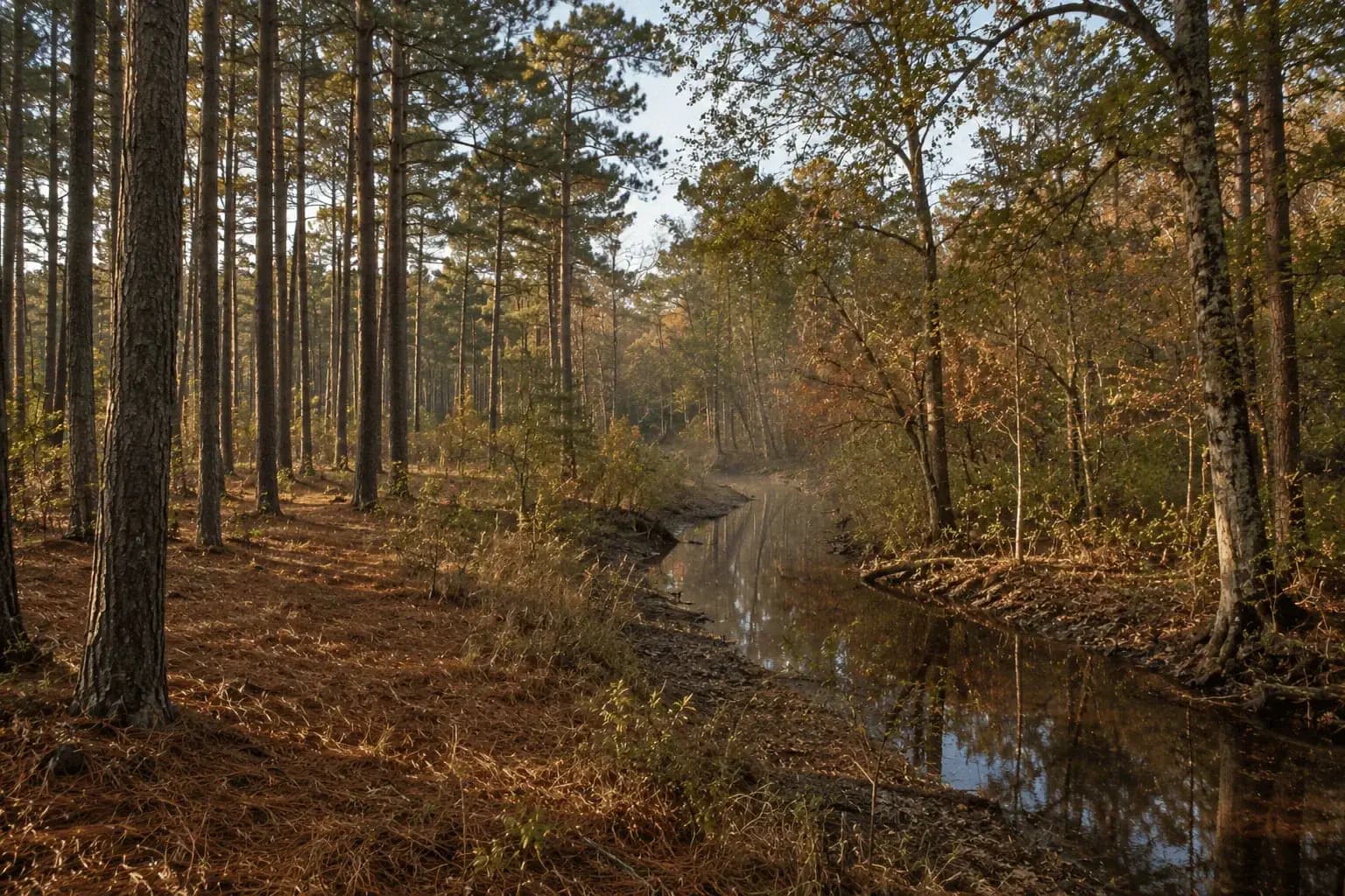 Pine forest along a quiet creek bottom in the Arkansas Piney Woods